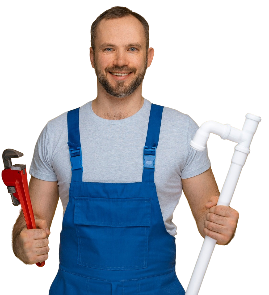 Installateur mit Rohrstück und Schraubenschlüssel – bereit für den Einsatz.